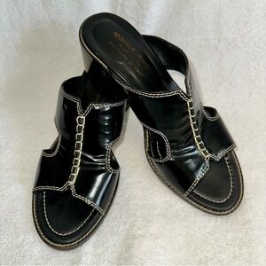 Donald J Pliner KUZ Black Patent Leather Block Heel Sandals 8M Made in Italy